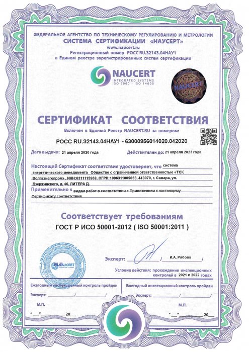 Сертификат соответствия ISO 50001-2012